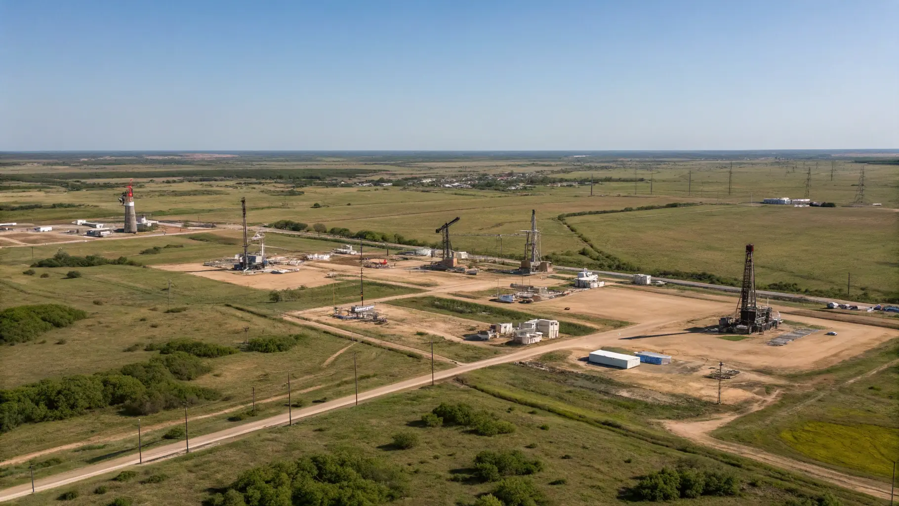 Panoramic view of Kazakhstan's vast landscape, highlighting oil fields and energy infrastructure.