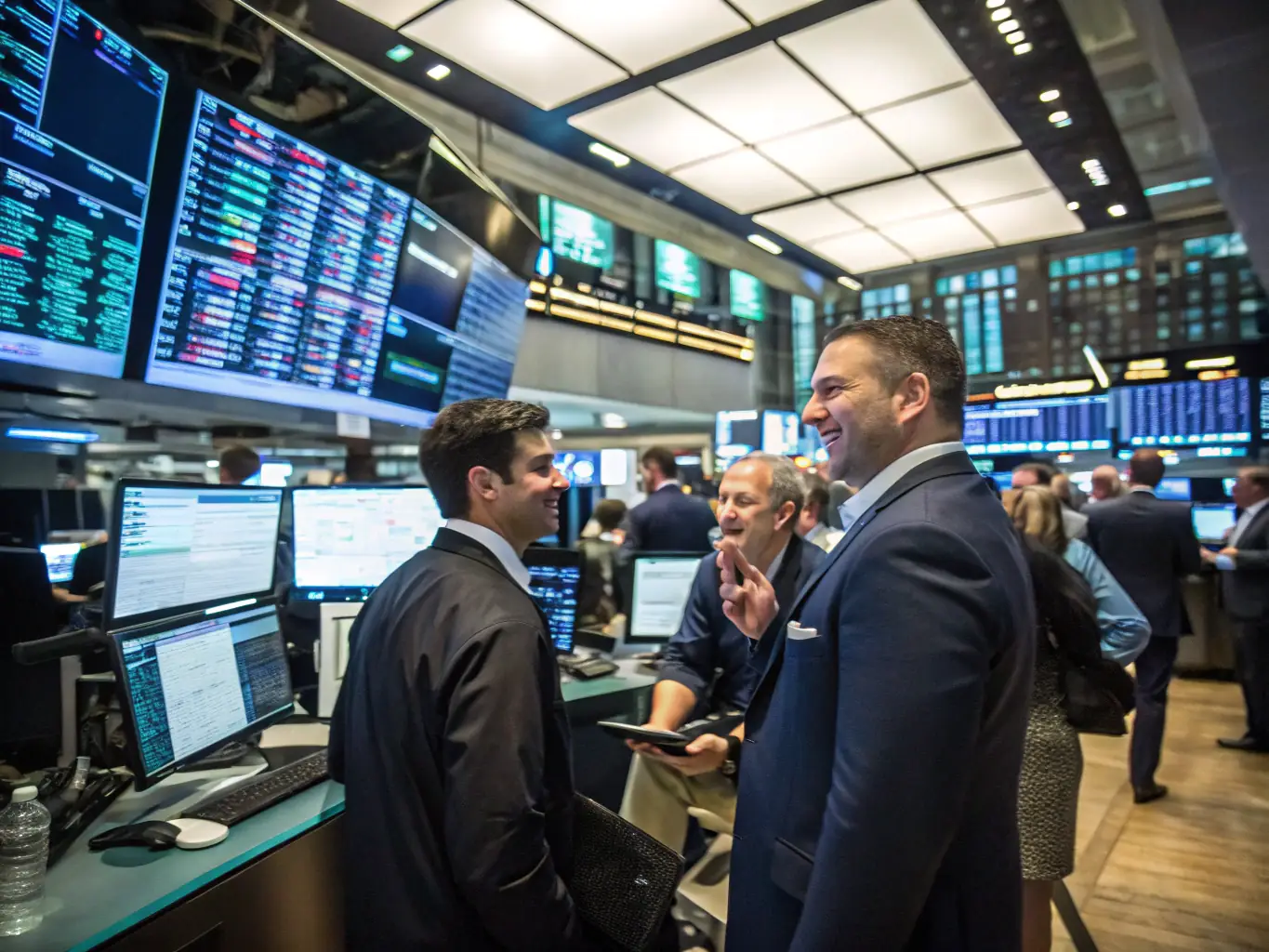 A professional trading floor with screens displaying market data, symbolizing GEOSHAFT PETROLEUM's market support for energy trading activities.