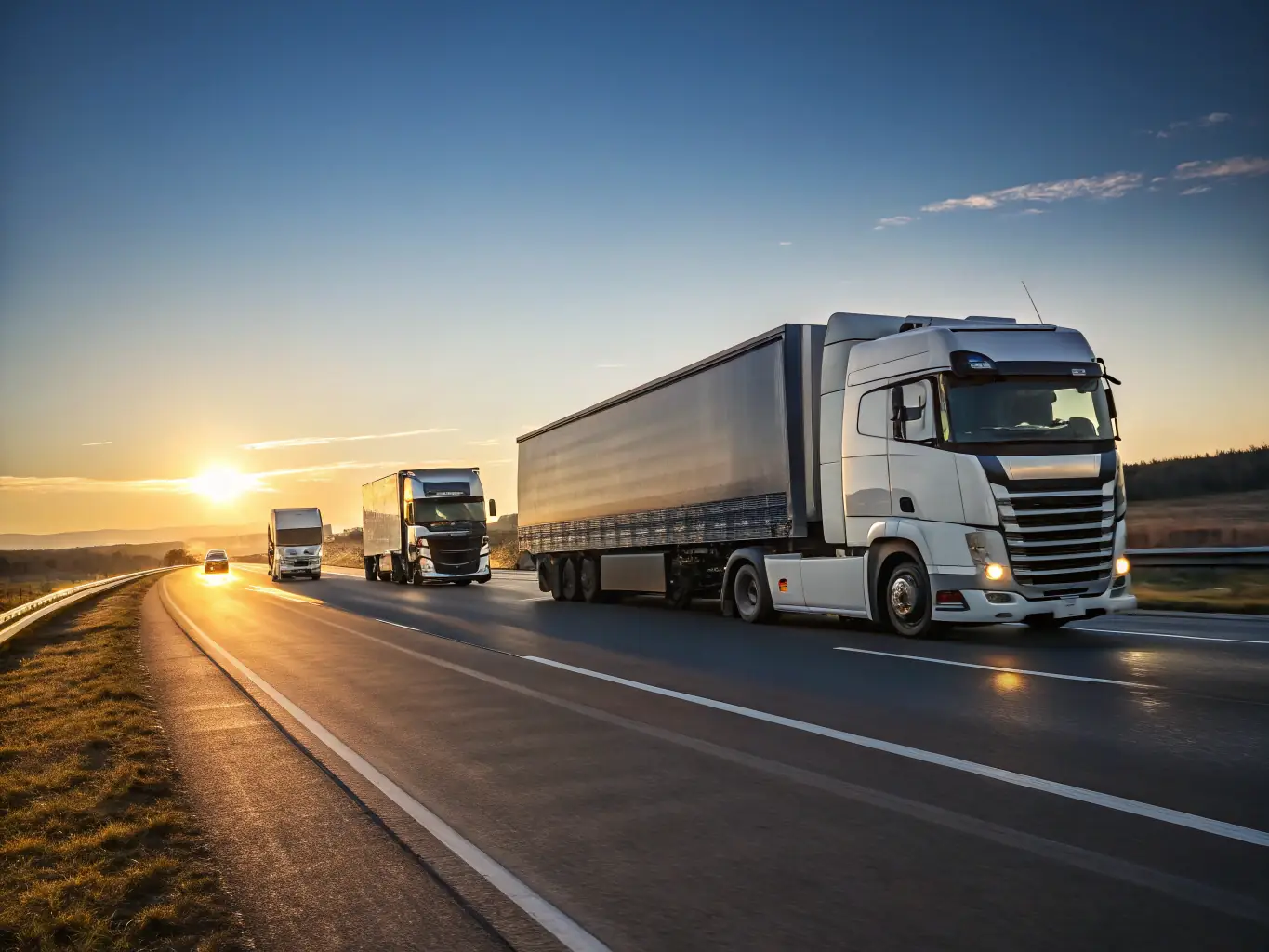 A fleet of modern tanker trucks on a well-maintained highway, representing GEOSHAFT PETROLEUM's logistics capability for petroleum products.