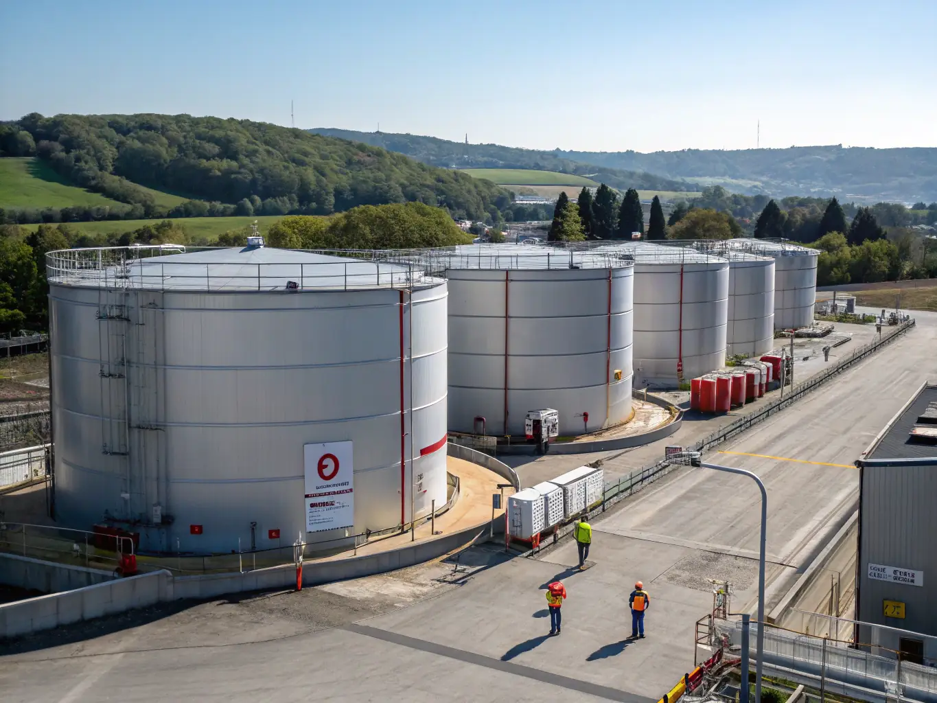 A vast oil storage facility with fuel trucks and pipelines, symbolizing efficient fuel logistics for GEOSHAFT PETROLEUM's fuel supply and distribution services.